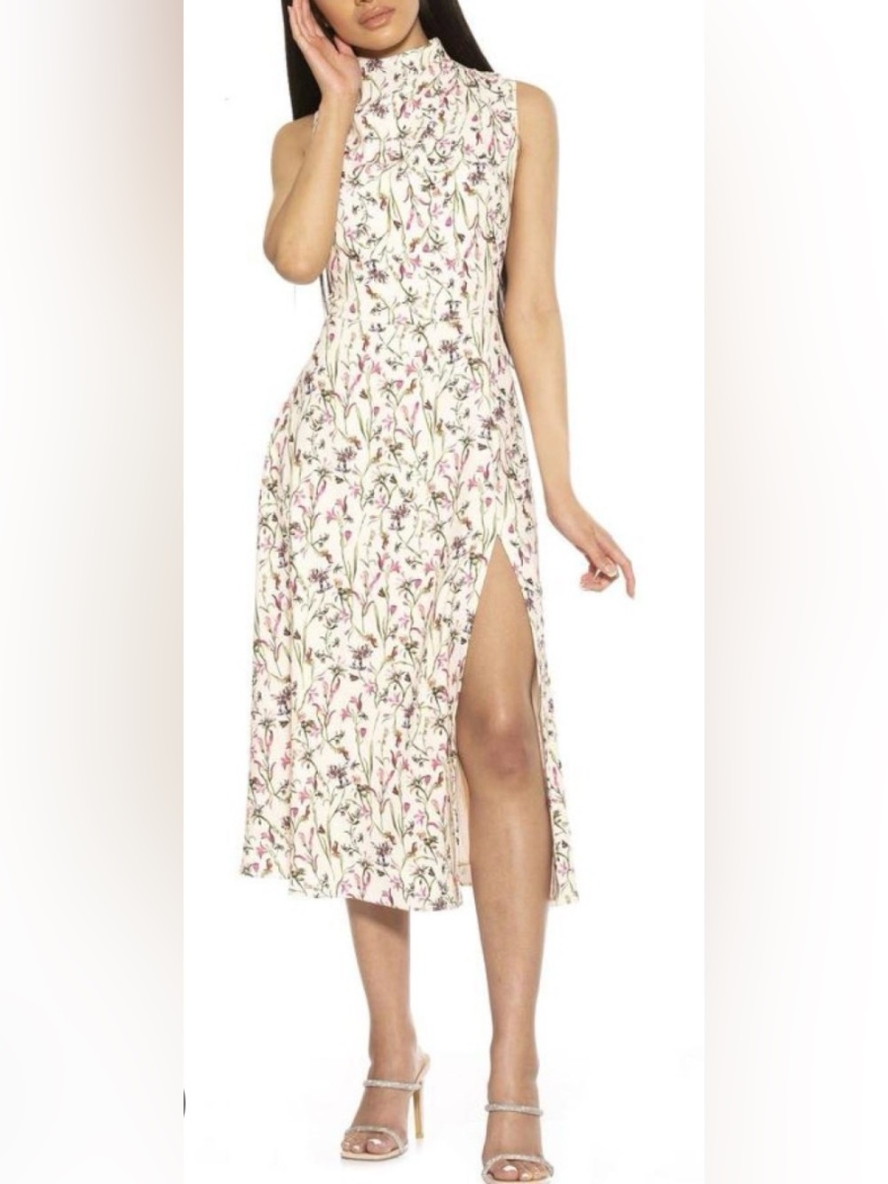 Alexia Admor Cream Floral Midi Skirt with Side Slit